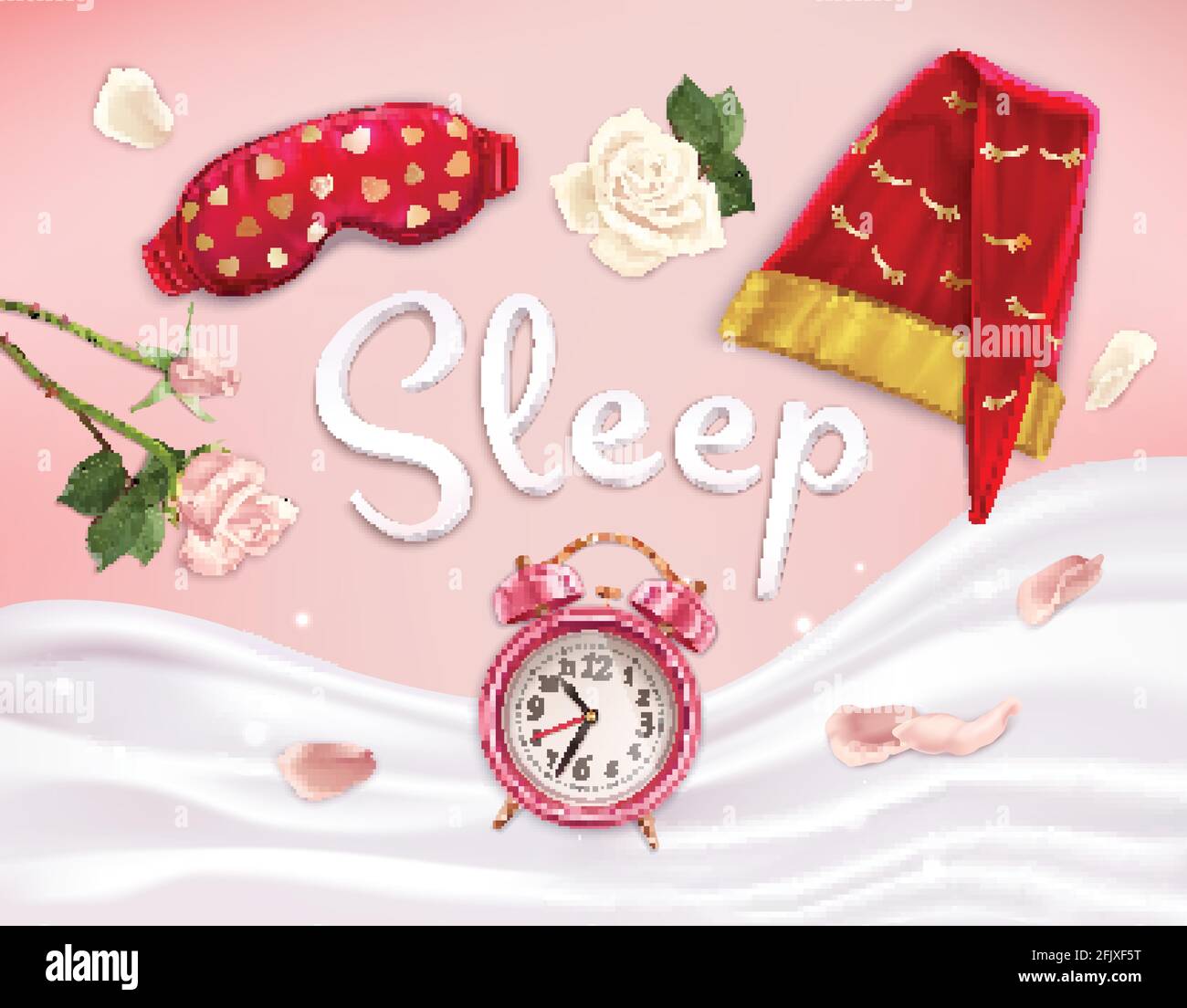 Sleep accessories composition of realistic images with soft linen flowers and alarm clock with editable text vector illustration Stock Vector