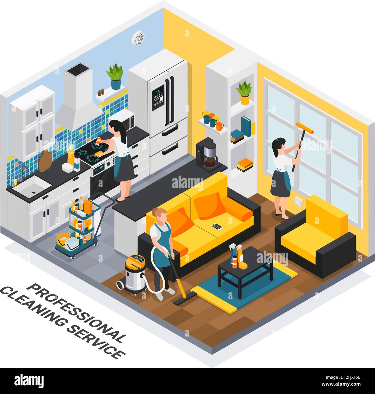 Professional cleaning service isometric composition with indoor view of ...
