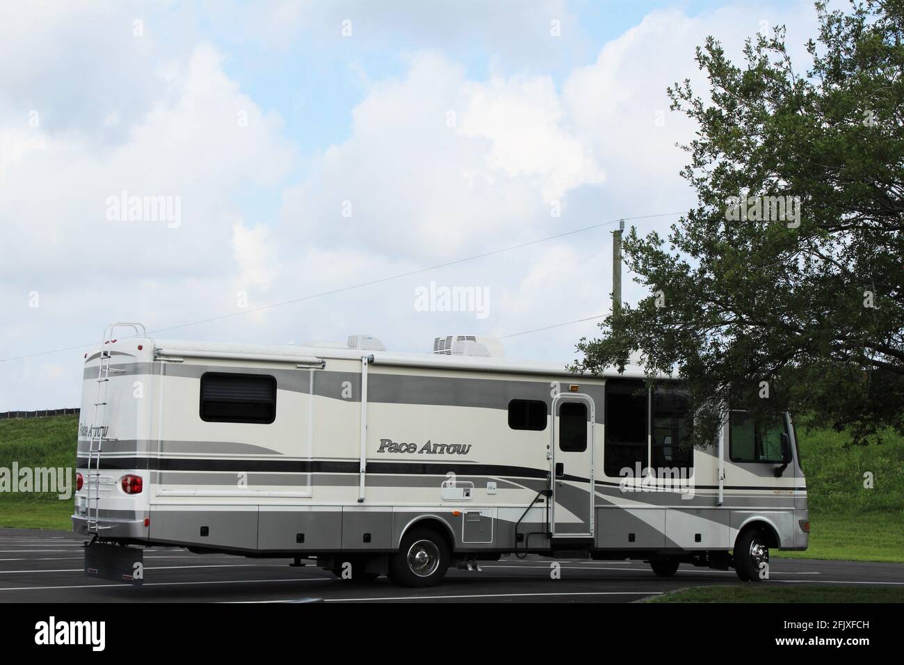 Pace Arrow Fleetwood RV motorhome parked at John Stretch Memorial Park a rest stop in Lake Harbor, Florida. Stock Photo