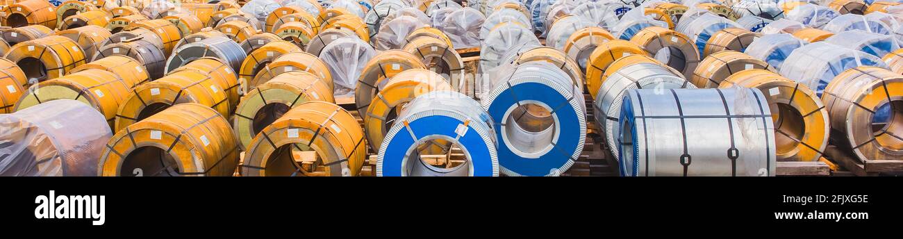 Industrial area, construction site with rusty metal packaging, steel manufacturing and storage, panoramic view, high resolution. Stock Photo