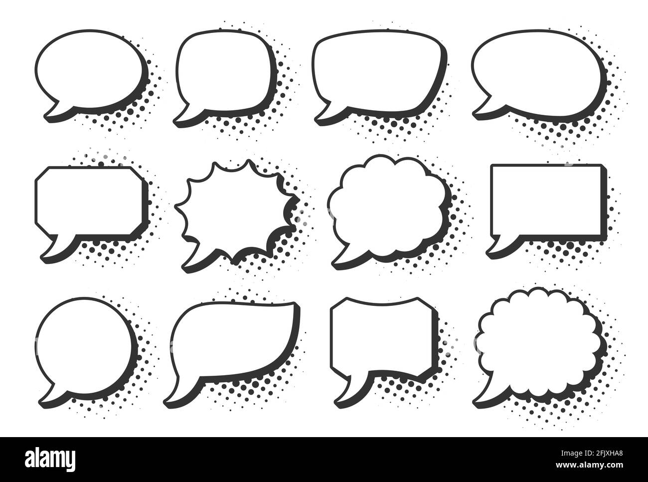 Retro sketch speech bubble icon set. Cartoon pop art bubbles with black halftone shadow. Vector design fun comic page dialog text message balloon template shapes. Boom, burst, wow effect empty frame Stock Vector