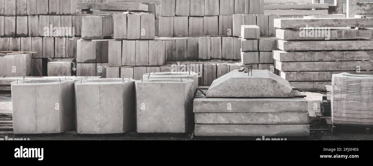 Storage of concrete blocks in a warehouse. Concrete structures at the construction site