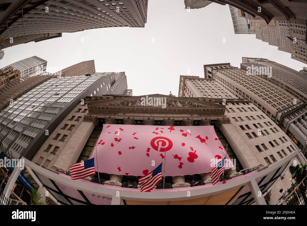 New York, USA. 18th Apr, 2019. The New York Stock Exchange is decorated for the first day of trading for Pinterest's initial public offering (IPO) in Lower Manhattan in New York on Thursday, April 18, 2019. The social media giant priced its shares at $19 making the company worth over $10 billion, well into the 'unicorn' range. (Photo by Richard B. Levine) Credit: Sipa USA/Alamy Live News Stock Photo