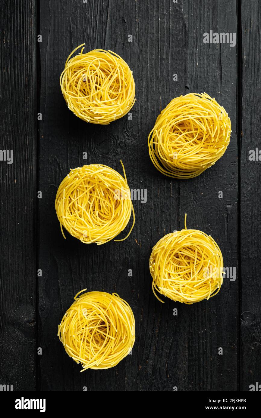Angel Hair Pasta Set On Black Wooden Background Top View Flat Lay Stock Photo Alamy