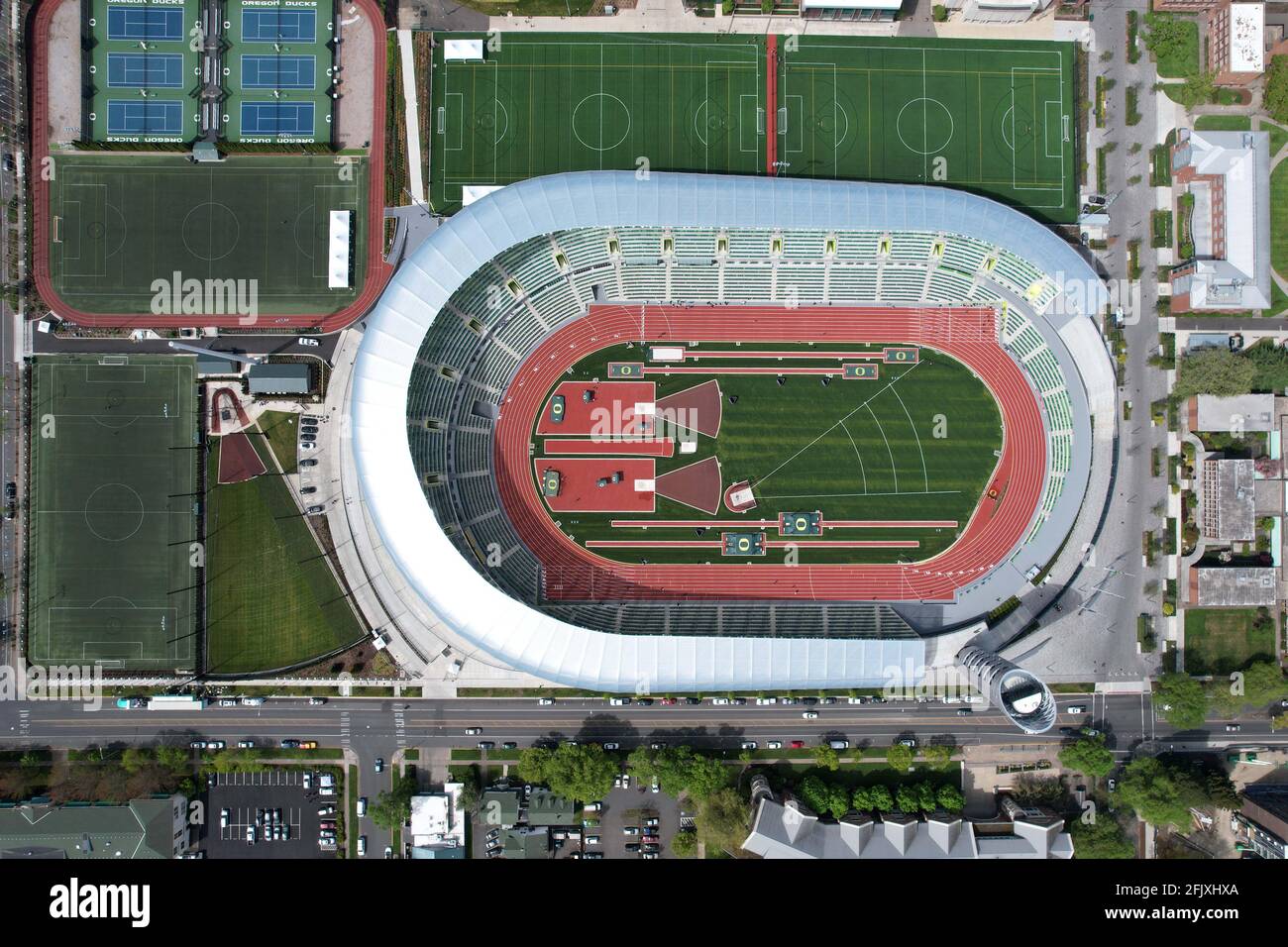 An aerial view of Hayward Field on the campus of the University of