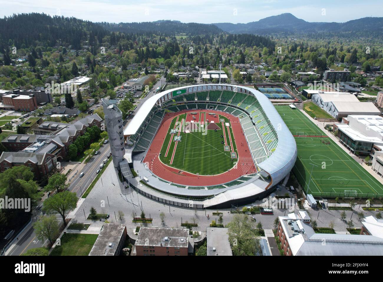 An aerial view of Hayward Field on the campus of the University of