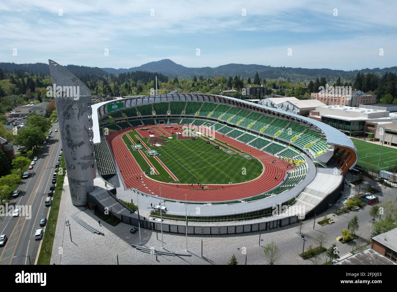 An aerial view of Hayward Field on the campus of the University of Oregon, Friday, April 23, 2021, in Eugene, Ore. The stadium will serve as the site Stock Photo