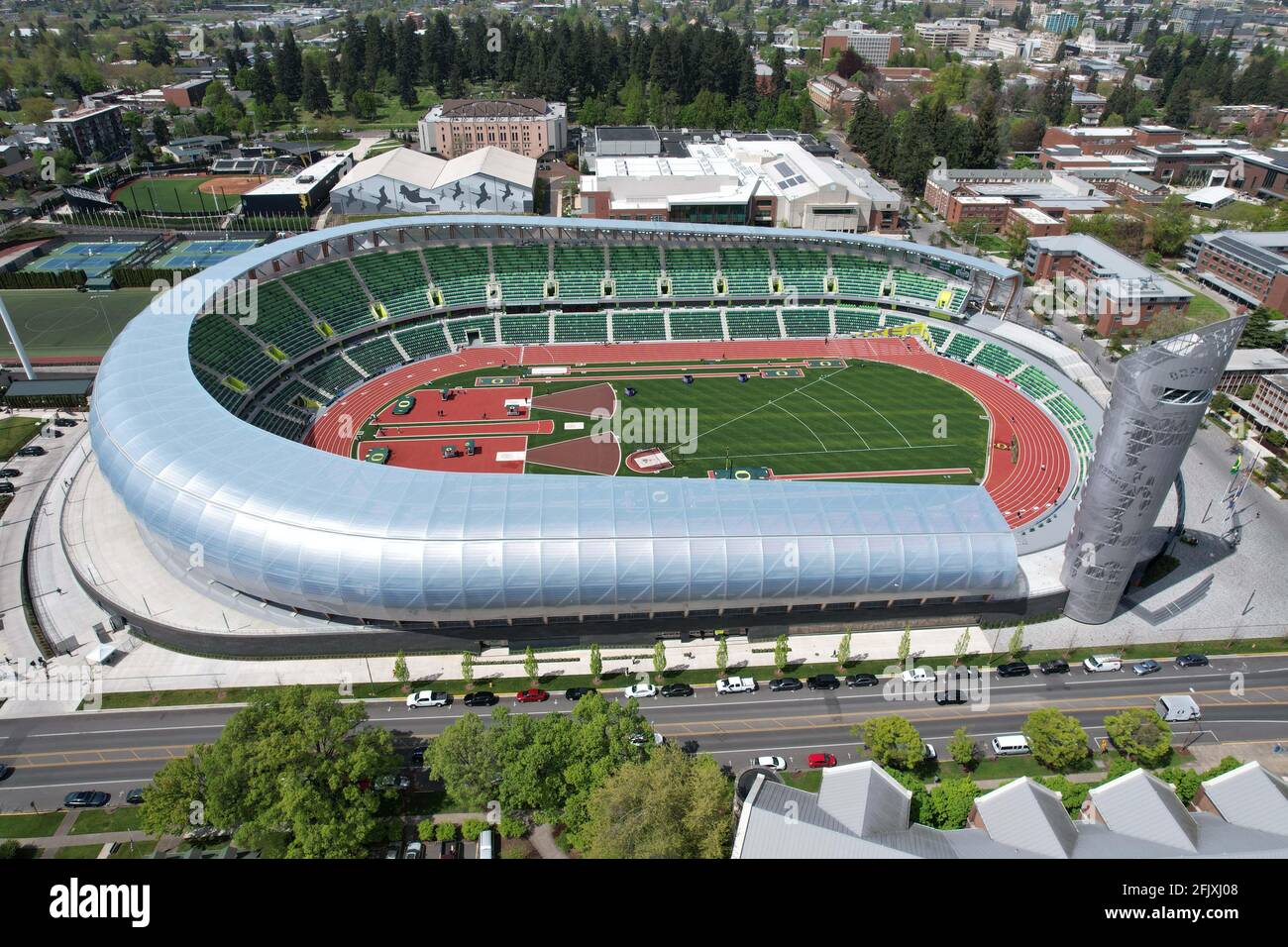 An aerial view of Hayward Field on the campus of the University of