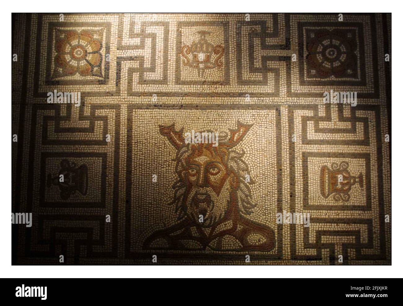 Britains premier Roman site in Peril....Verulamium near st Albans is near destruction...  half the site owned by Earl of Verulams Gorhambury Estate which has permission to plough the land causing erosion and possibly destroying remains of uninvestigated Roman buildings. Tony Robinson from Time Team on site to see the pos damage. Mosaics in the museum.picDavid Sandison 16/7/2002 Stock Photo