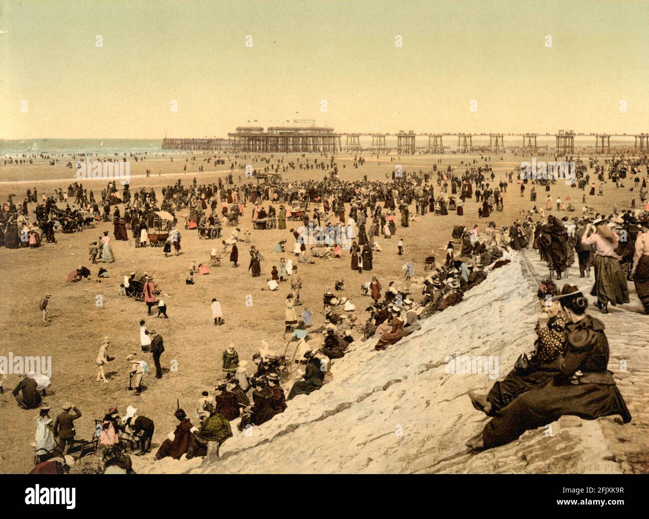 The seaside resort of Blackpool in Lancashire circa 1890-1900 with the beach and North Pier Stock Photo