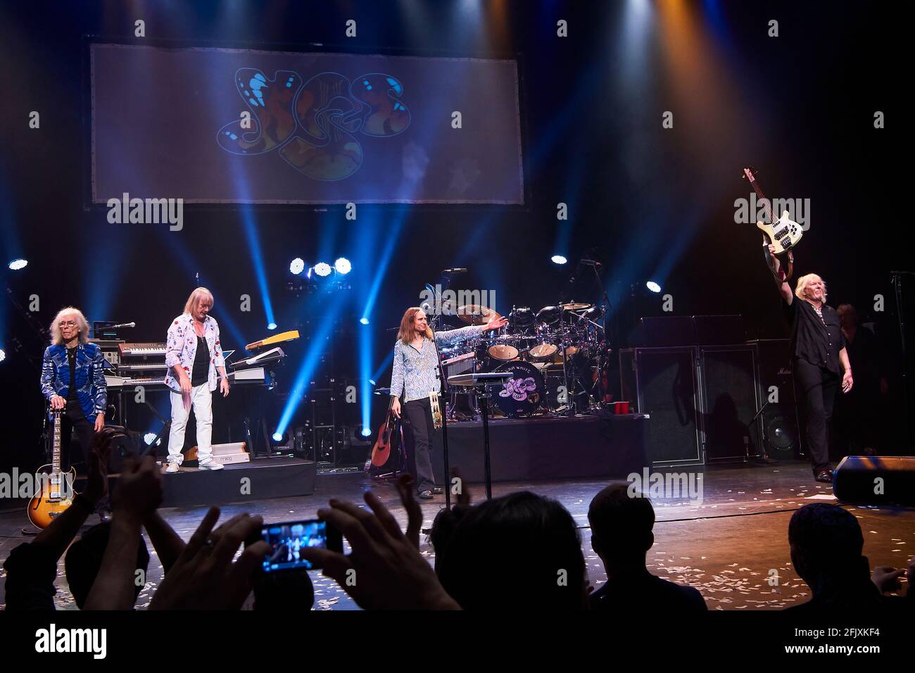 Yes  performing at the Beacon Theater in NYC. The tour playlist features The Yes Album (1971); Close to the Edge (1972); and Going for the One (1977) Stock Photo