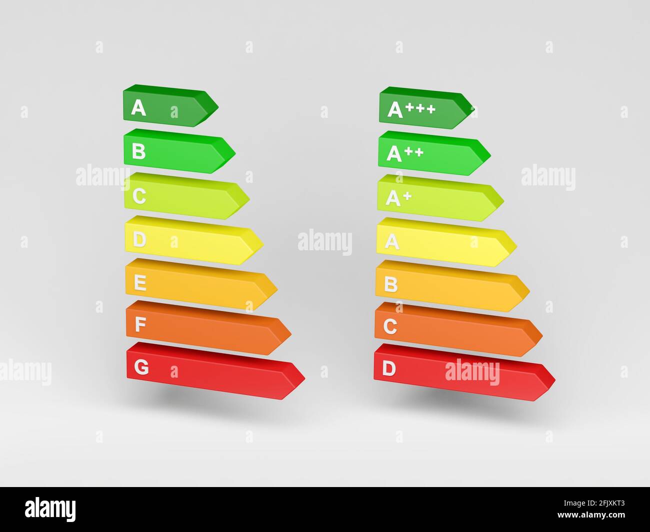 New and old energy label isolated on gray background. Energy consumption labelling. 3d illustration. Stock Photo