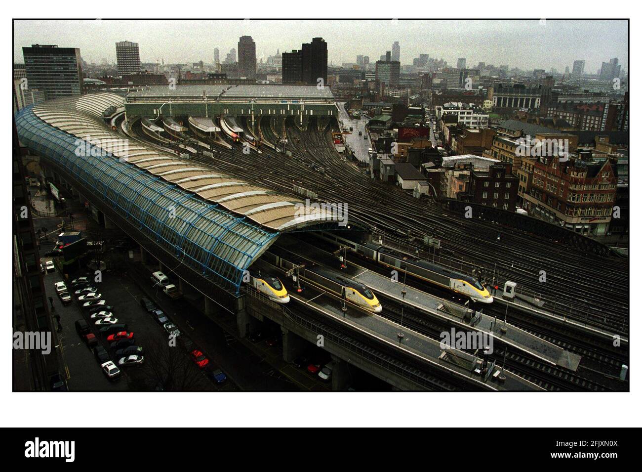 Waterloo Station with the Eurostar trains in the foreground. Stock Photo