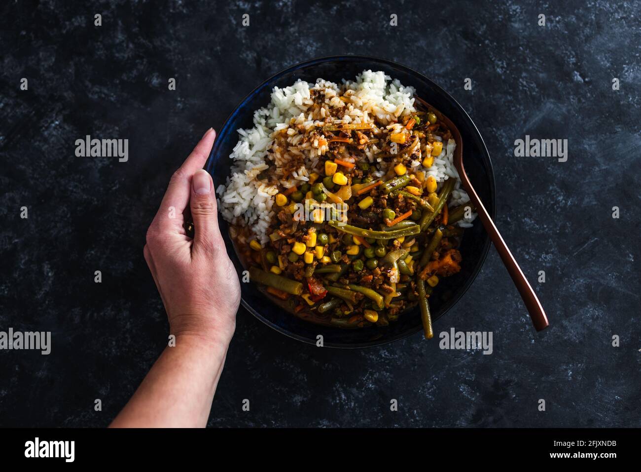 vegan asian inspired vegetable and tvp stir fry with cocnut rice