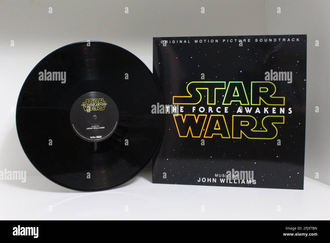 Star Wars The Force Awakens soundtrack on vinyl record LP disc from the motion picture movie soundtrack. Music by John Williams. Stock Photo