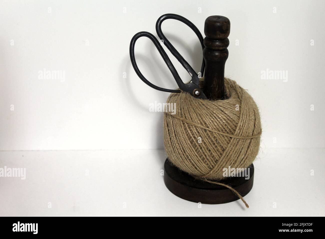 Vintage yarn holder, string holder, with antique scissors on white