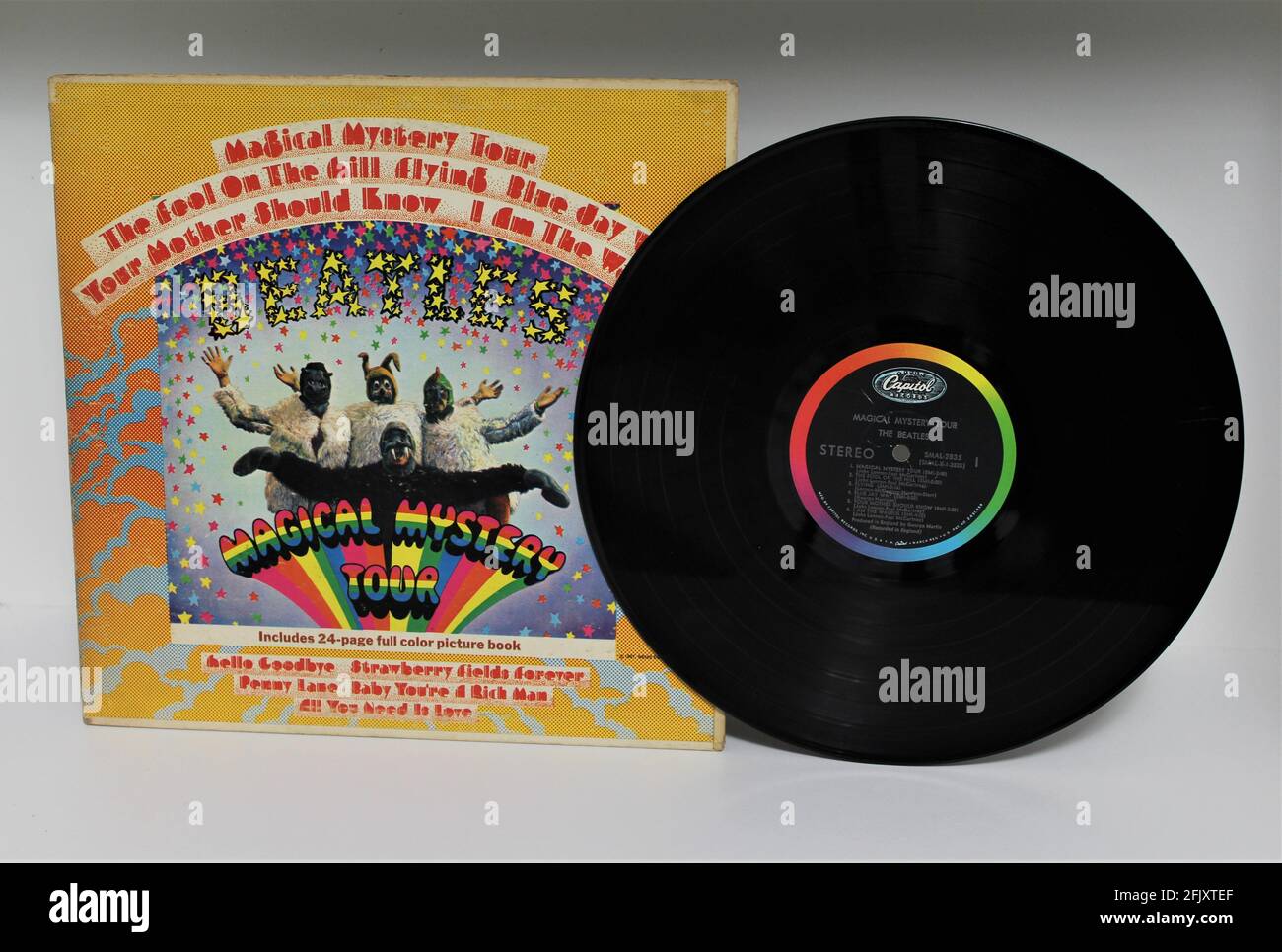 Magical Mystery Tour is a record by the English rock band The Beatles. Music album on vinyl record LP disc. Psychedelic pop music is their main genre. Stock Photo