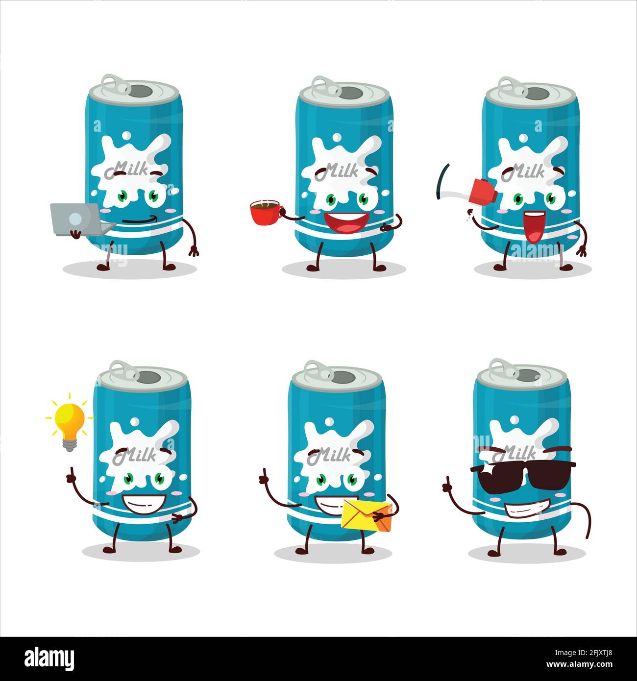Milk can cartoon character with various types of business emoticons ...