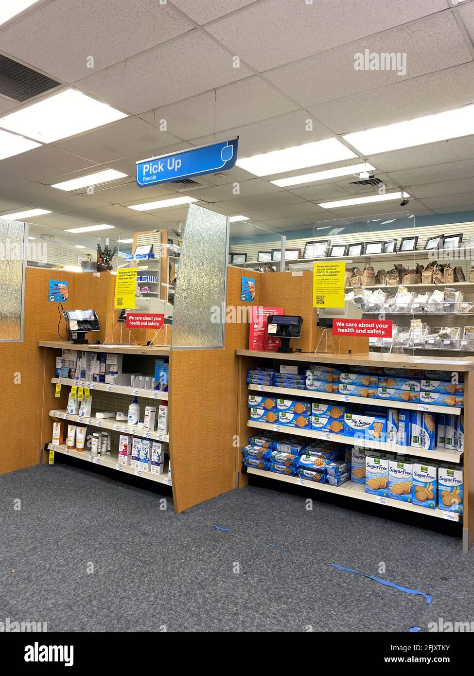 CVS pharmacy counter, interior. No one is in line, empty. Covid19