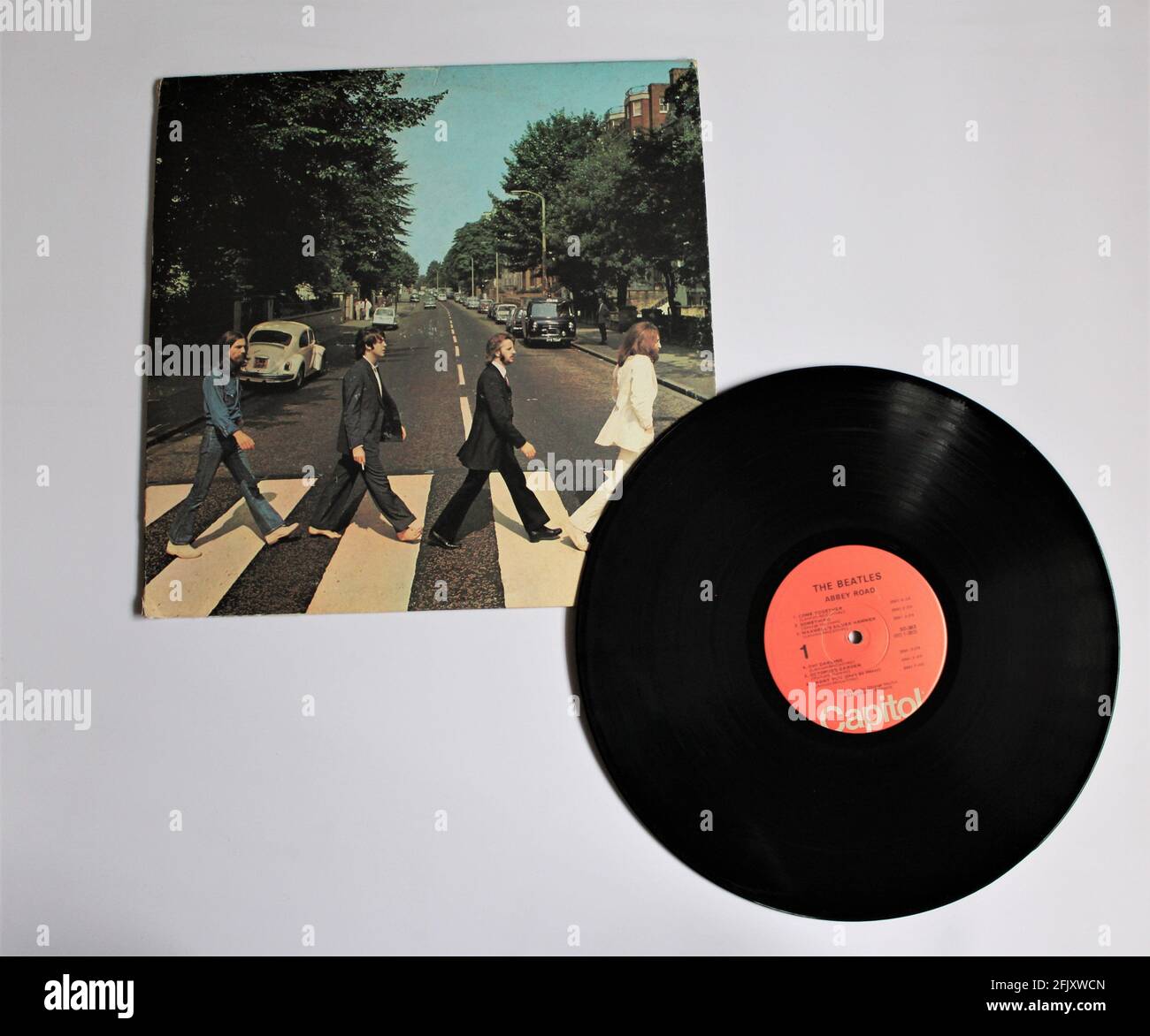 Abbey Road is a record by the English rock band The Beatles. This music album is on a vinyl record LP disc. Psychedelic pop music. Stock Photo