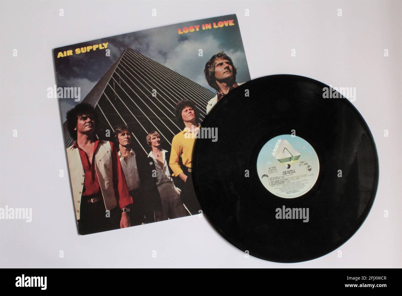 Australian Pop band, Air Supply music album on vinyl record LP disc. Titled: Lost in love Stock Photo