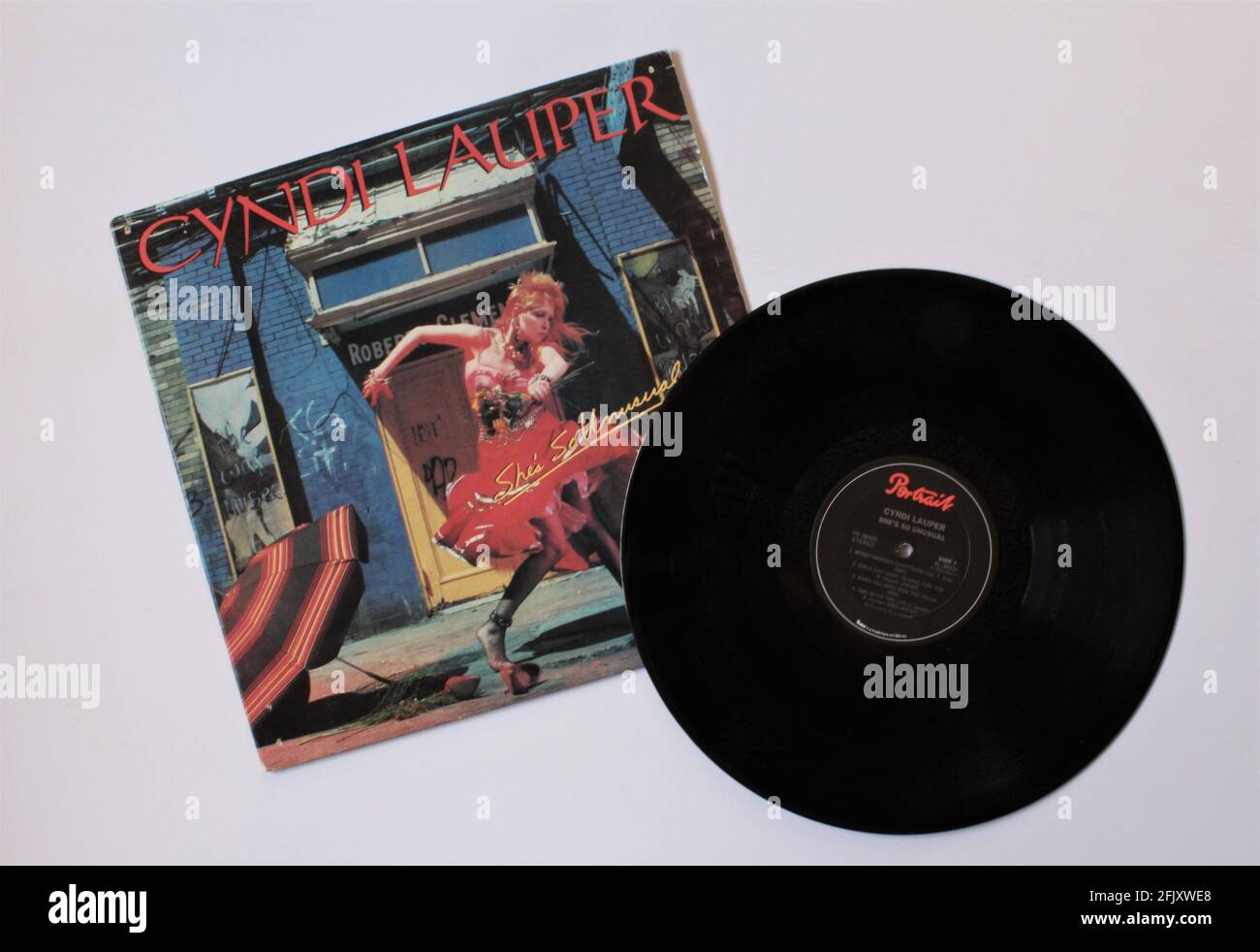 Pop and new wave artist, Cyndi Lauper music album on vinyl record LP disc. Titled: She's So Unusual Stock Photo