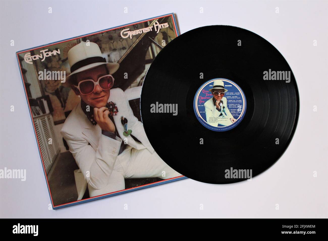 Pop and rock artist, Elton John music album on vinyl record LP disc. Titled: Greatest Hits Stock Photo