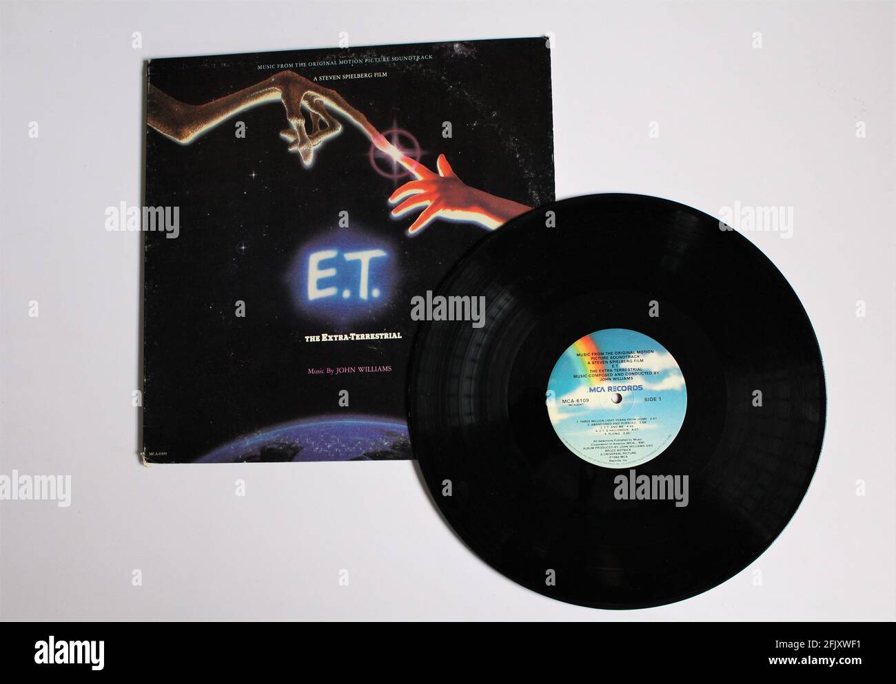 E.T. the Extra-Terrestrial soundtrack album on vinyl record LP disc for the 1982 blockbuster film by Steven Spielberg. Stock Photo