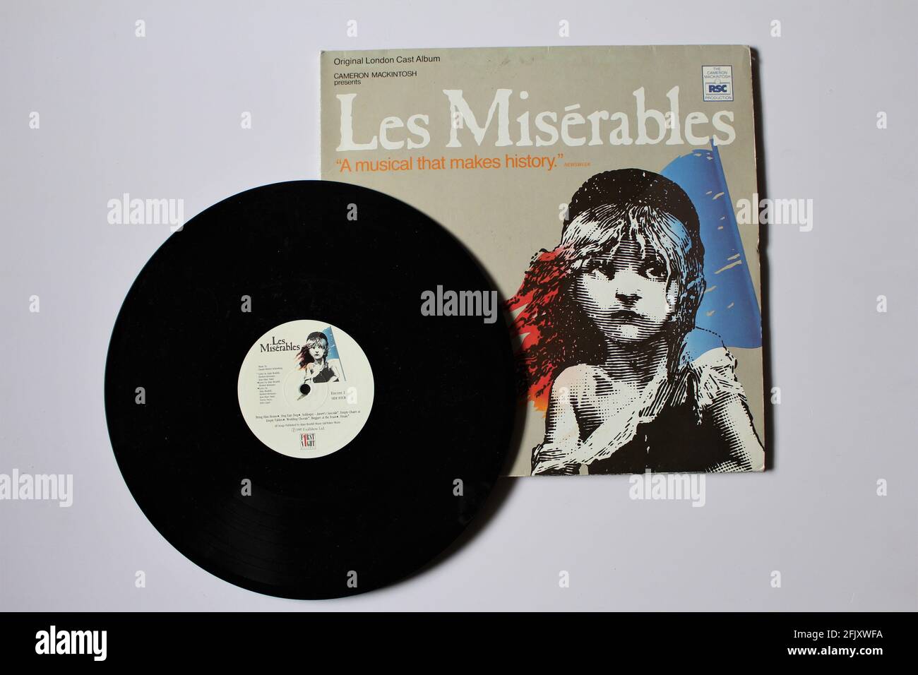 Les Misérables musical, original London cast album produced by Cameron Mackintosh. Soundtrack  on vinyl record LP disc album. Stock Photo