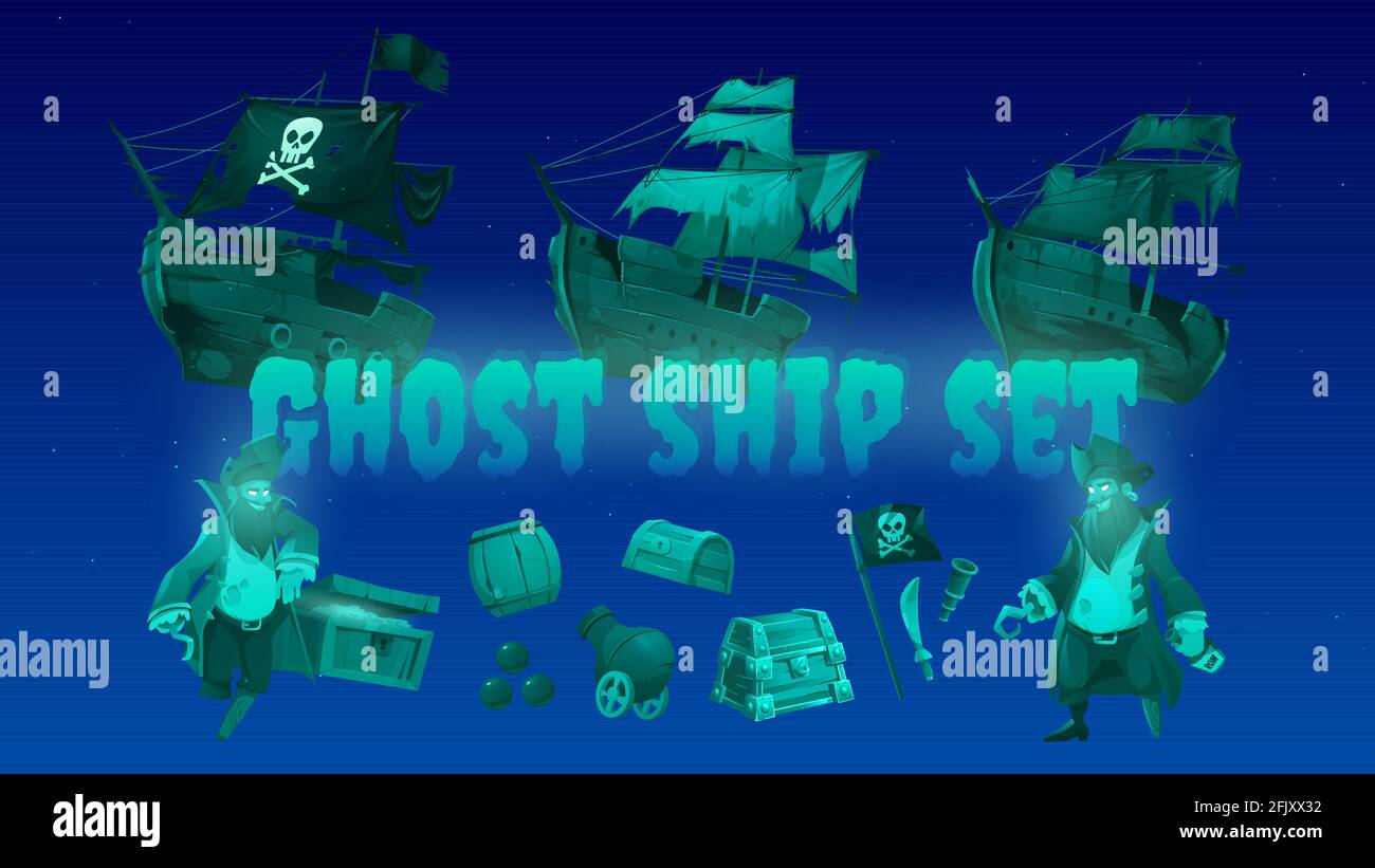Ghost ship set with pirate, treasure chest and black jolly roger flag. Vector cartoon icons of spirit of dead captain, broken sail boats, cannon, sword and spyglass isolated on blue background Stock Vector