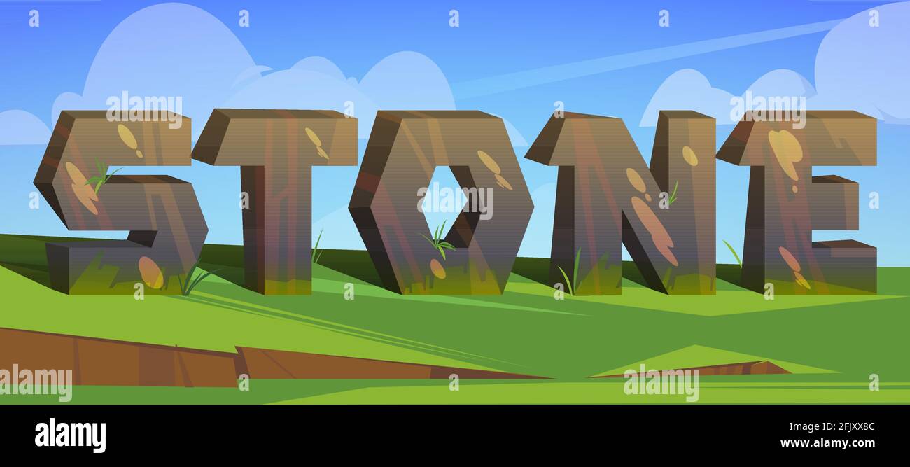 Cartoon Word Stone With Rock Letters Stand On Green Grass Under Cloudy Sky Abc Characters Abstract Elements Of Natural Material Texture For Graphic Design Rocky Uppercase Font Vector Illustration Stock Vector Image