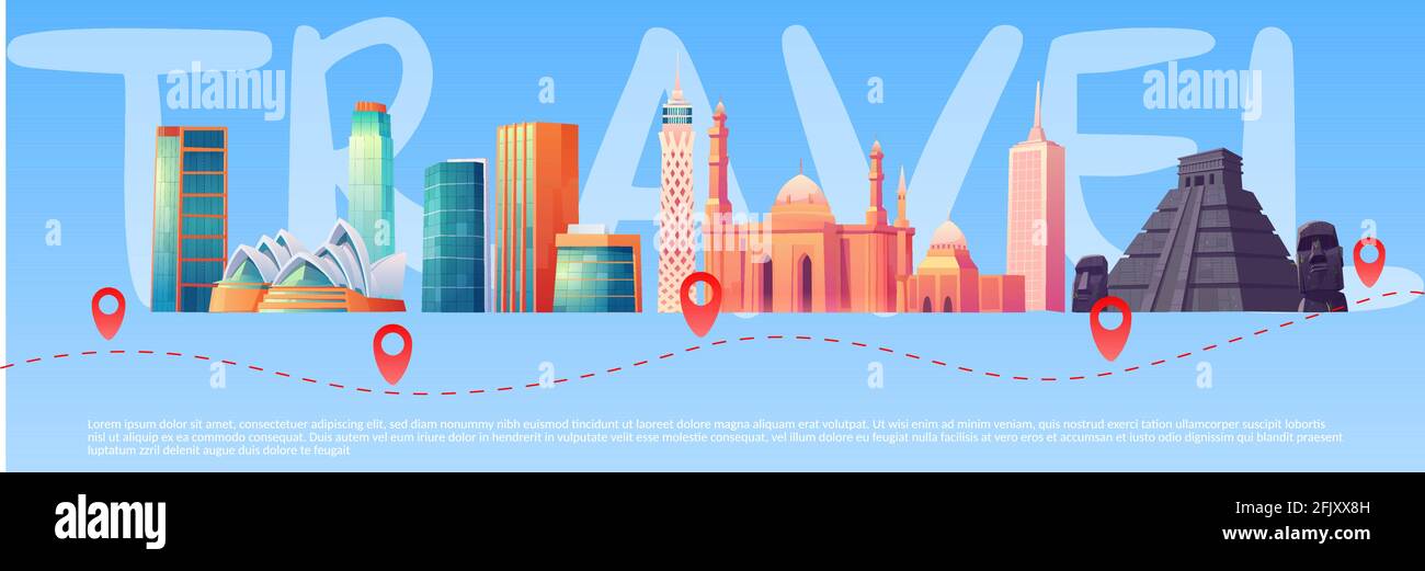 Travel banner with world landmarks on skyline and trip route with points. Concept of journey, global tourism. Vector poster with cartoon famous buildings of mayan pyramids, dubai skyscraper and mosque Stock Vector