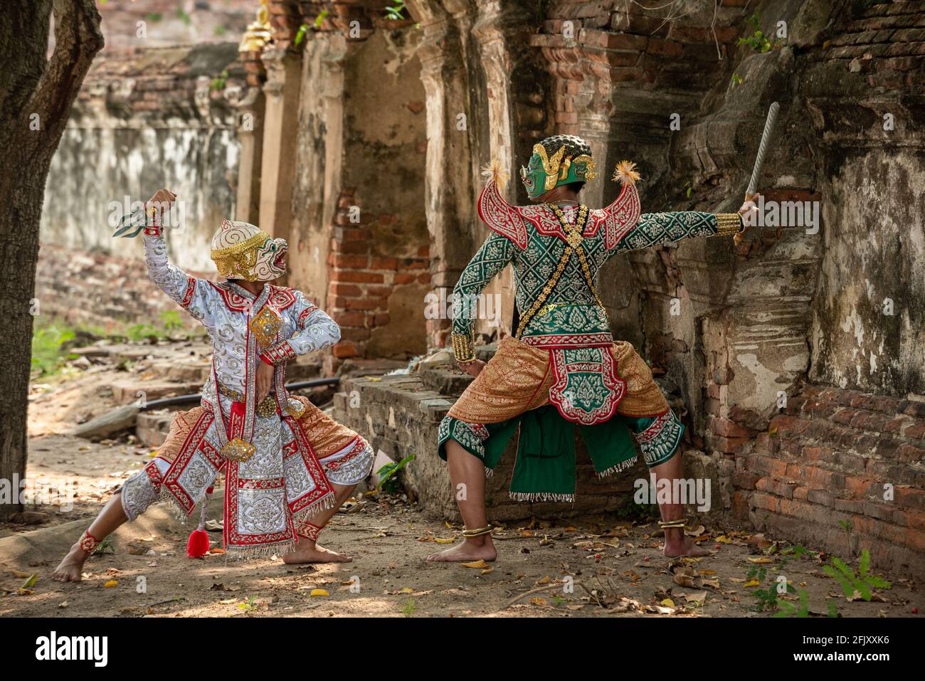 Khon art of culture Thailand Dancing in masked Ramayana Story. Stock Photo