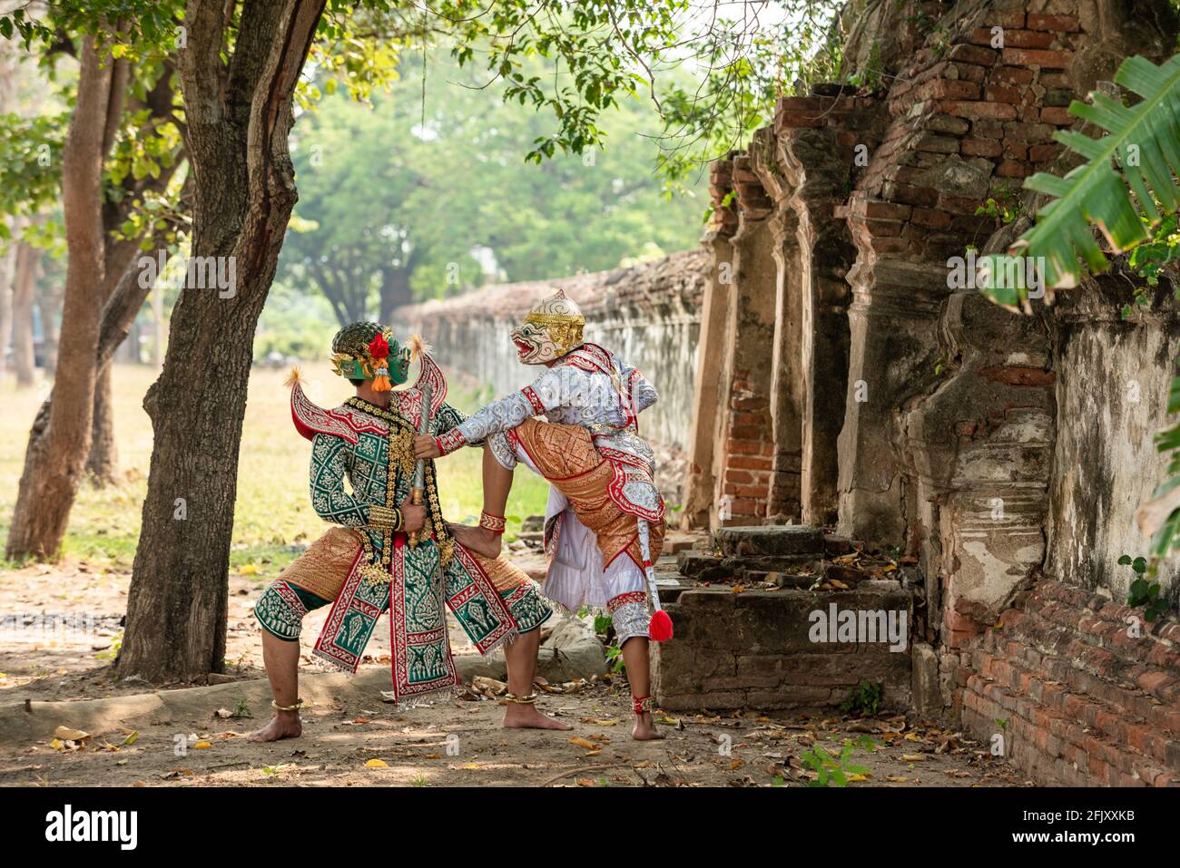 Khon art of culture Thailand Dancing in masked Ramayana Story. Stock Photo