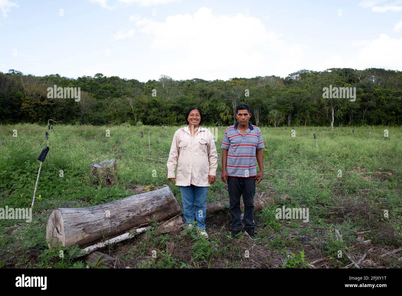 Jerónima López Hernández (L), 34, a bee-keeper, stands with her husband, Germán Bartolo Barrios (R), 52, on their rented farmland outside the village of Nueva Vida in the UNESCO-protected in Calakmul Biosphere Reserve (in Spanish Reserva de la Biósfera de Calakmul) in the Yucatán Peninsula, Calakmul Municipality, state of Campeche, Mexico on March 2, 2021. Bartolo Barrios chopped down mature trees on this land in order to qualify for a government reforestation program. He has replanted with saplings. The couple are expecting their fifth child. “The program is a benefit for our children,” says Stock Photo