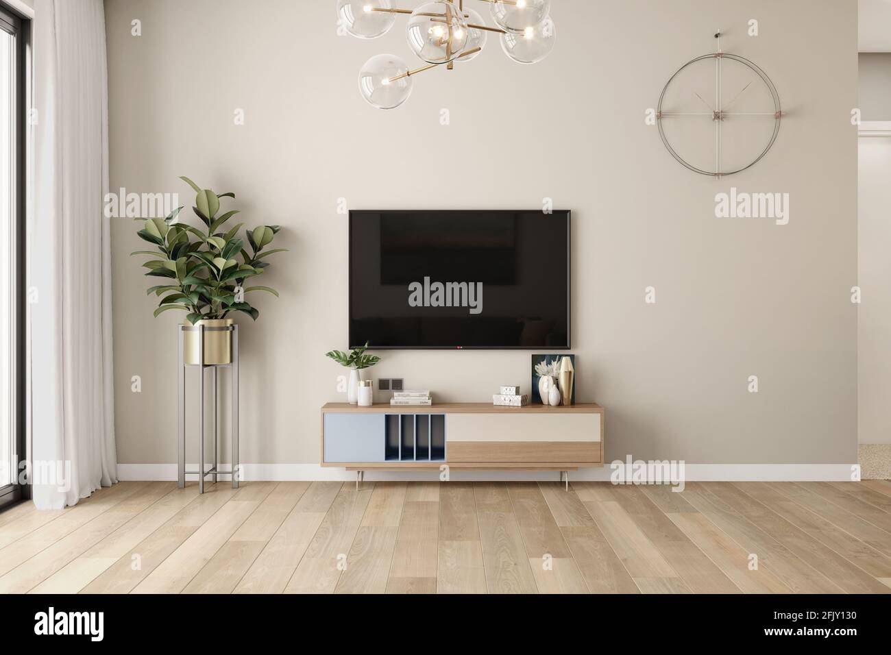 modern living room style tv unit designing with lighting and wood flooring Stock Photo