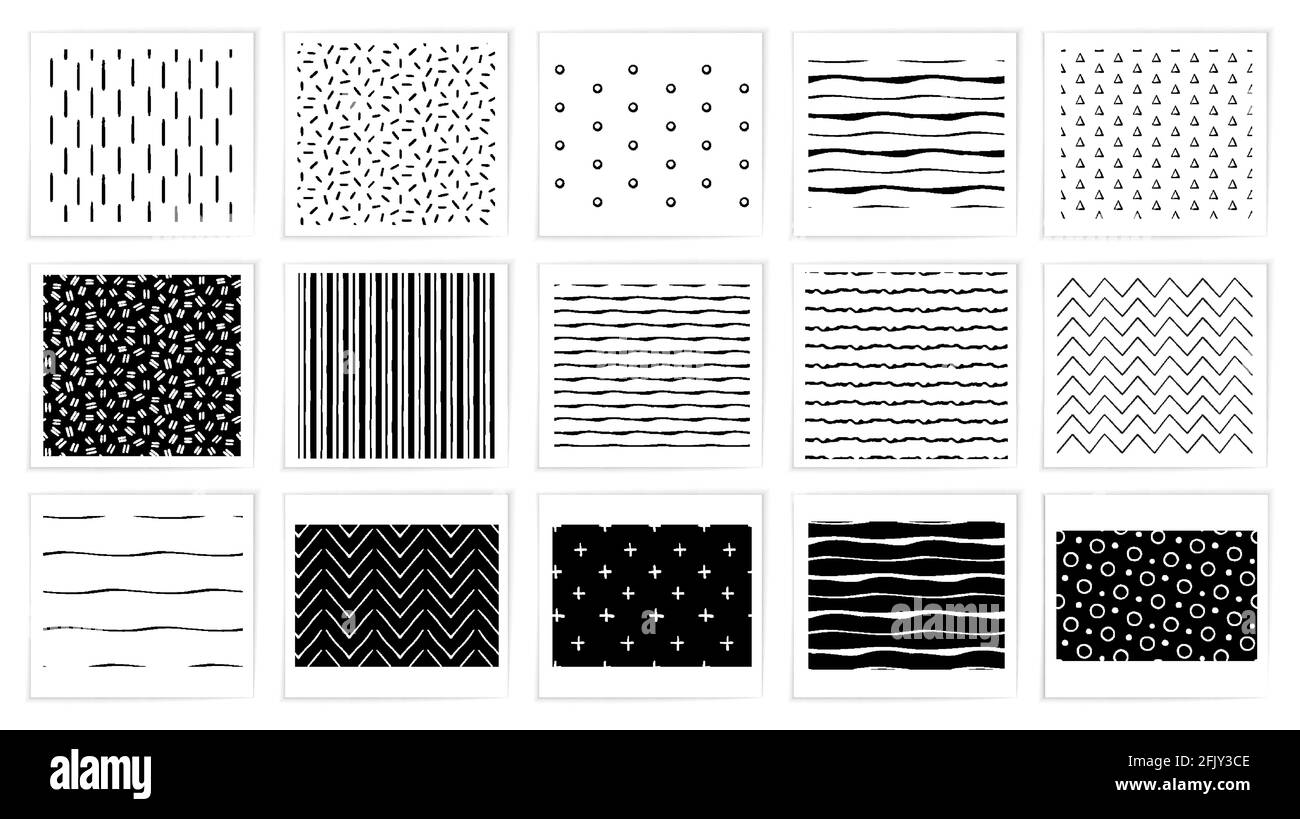 Seamless strokes hand made pattern set. 20 black white vector patterns for web, fabric, wrapping paper Stock Vector