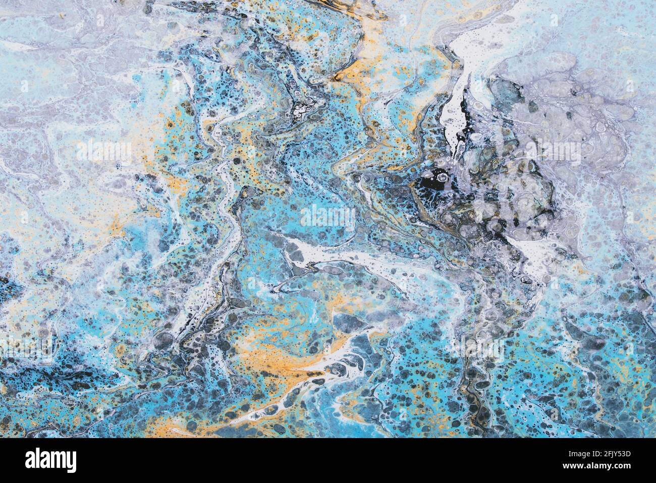 Liquid marble, fluid art, blue and gray ink background with paint spots. Swirl pattern, stained texture. Modern painting, creative colored wallpaper, Stock Photo