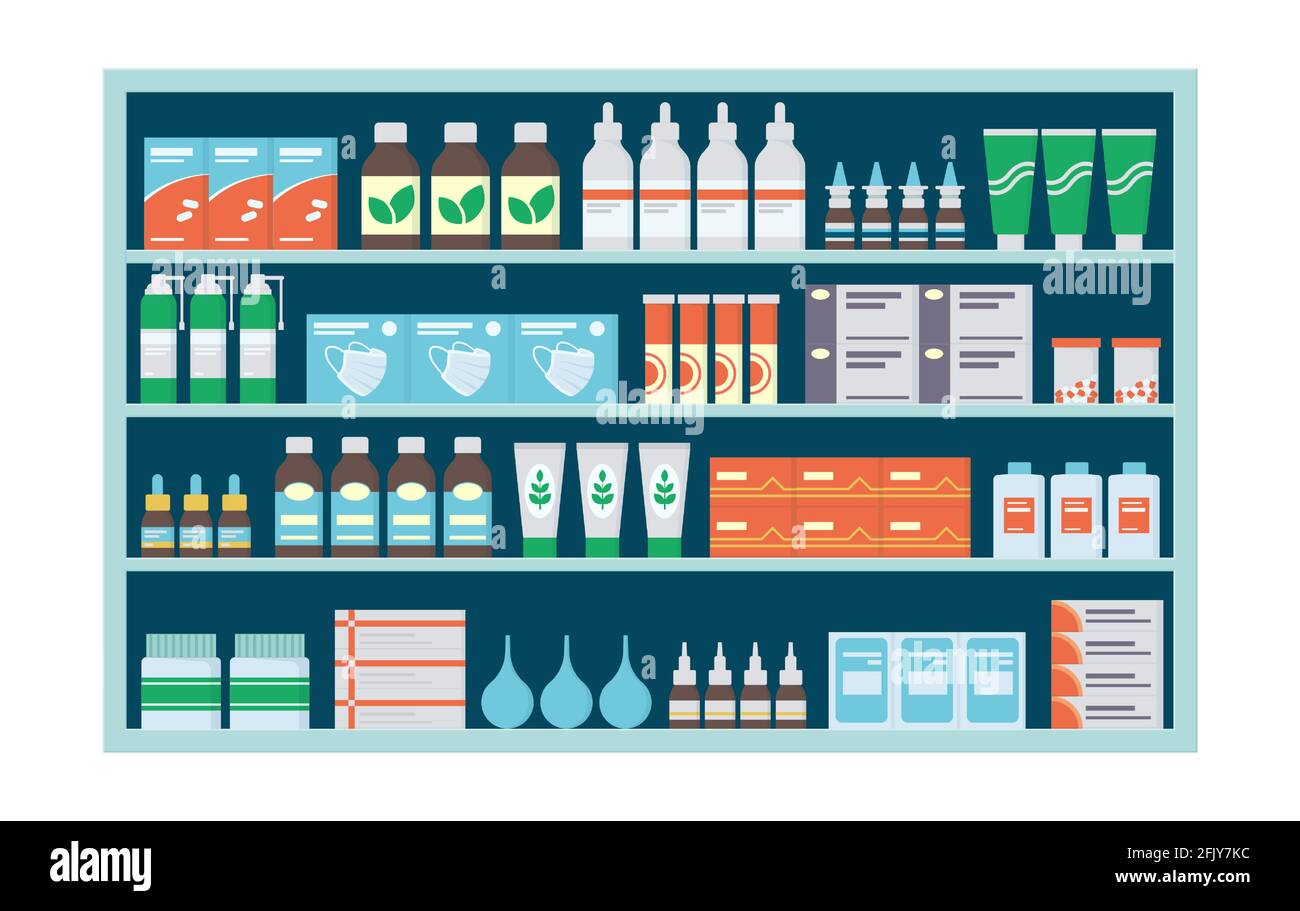 Pharmacy shelves with medicines, tablets, ointments, vitamins and
