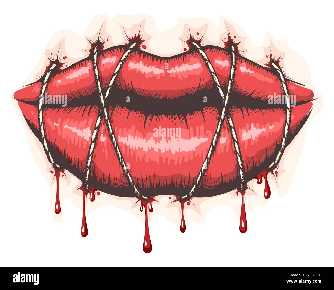 Colorful Tattoo of Stitched Lips isolated on white. Vector Illustration Stock Vector
