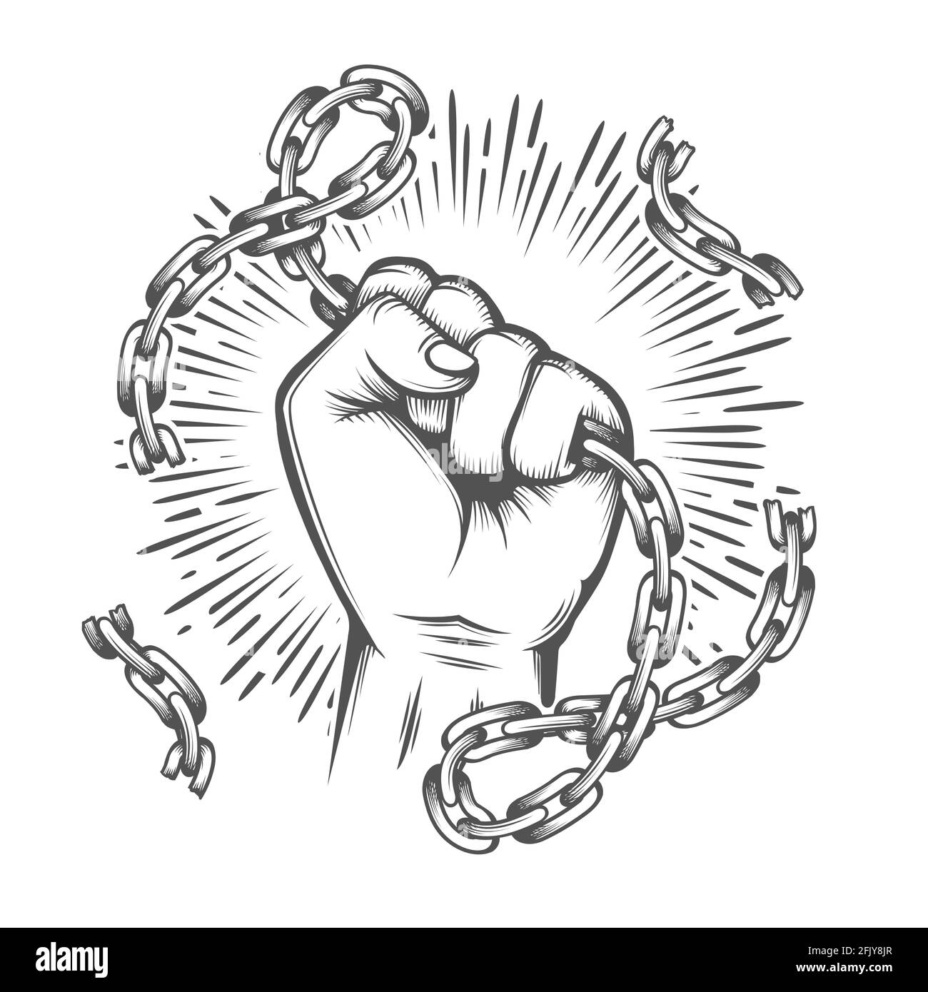 Tattoo of Human Fist with Broken Chain. Feedom concept. Vector illustration. Stock Vector