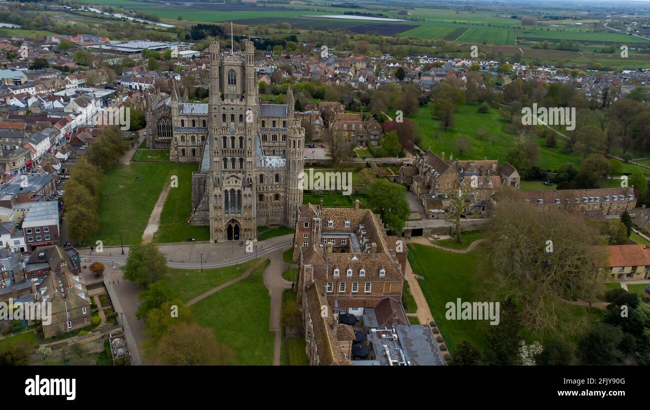 An aerial view of the magnificent Ely Cathedral in Cambridgeshire, UK Stock Photo