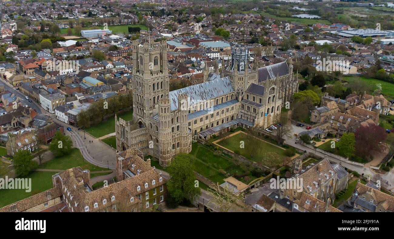 An aerial view of the magnificent Ely Cathedral in Cambridgeshire, UK Stock Photo