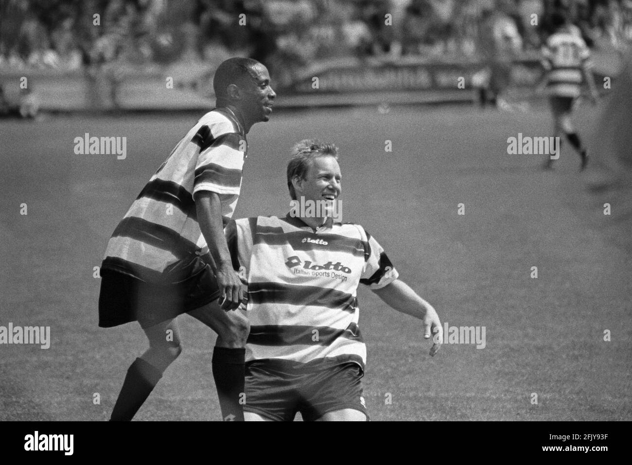 the singer Lazy of the band Mr. President and TV host Johannes B. Kerner, on the occasion of a benefit match organised by the sports club LSK, May 17, 1998, Lüneburg, Lower Saxony, Germany Stock Photo