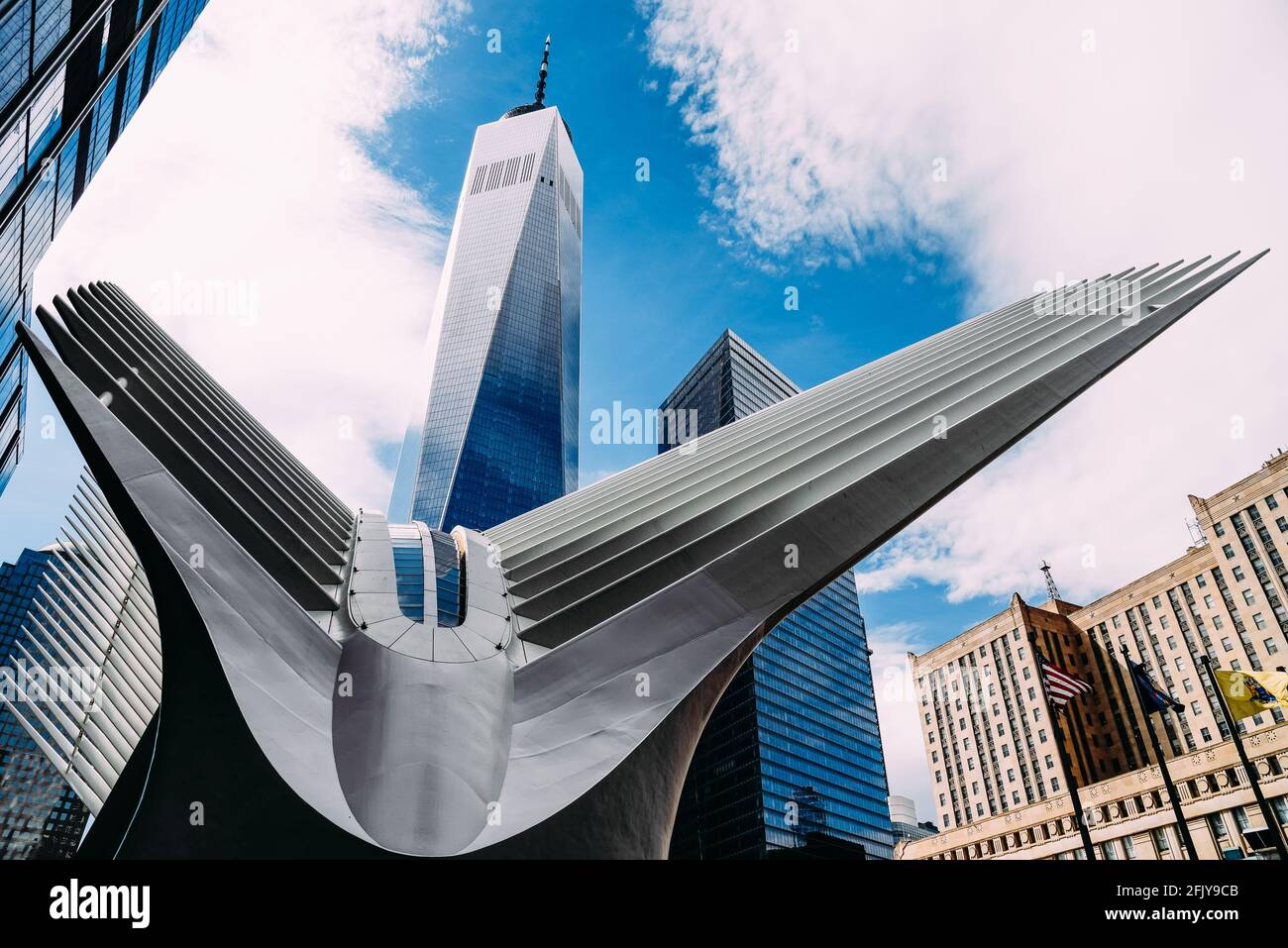 New York City, USA - June 20, 2018: Outdoor view of World Trade Center Transportation Hub or Oculus designed by Santiago Calatrava architect in Financ Stock Photo