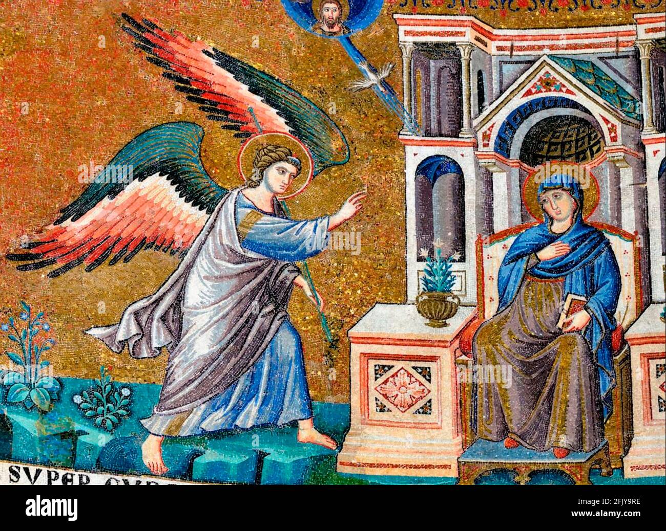 6870. Annunciation, mosaic dating c. 1291 in the Basilica di Santa Maria in Trastevere, Rome, Italy. Stock Photo