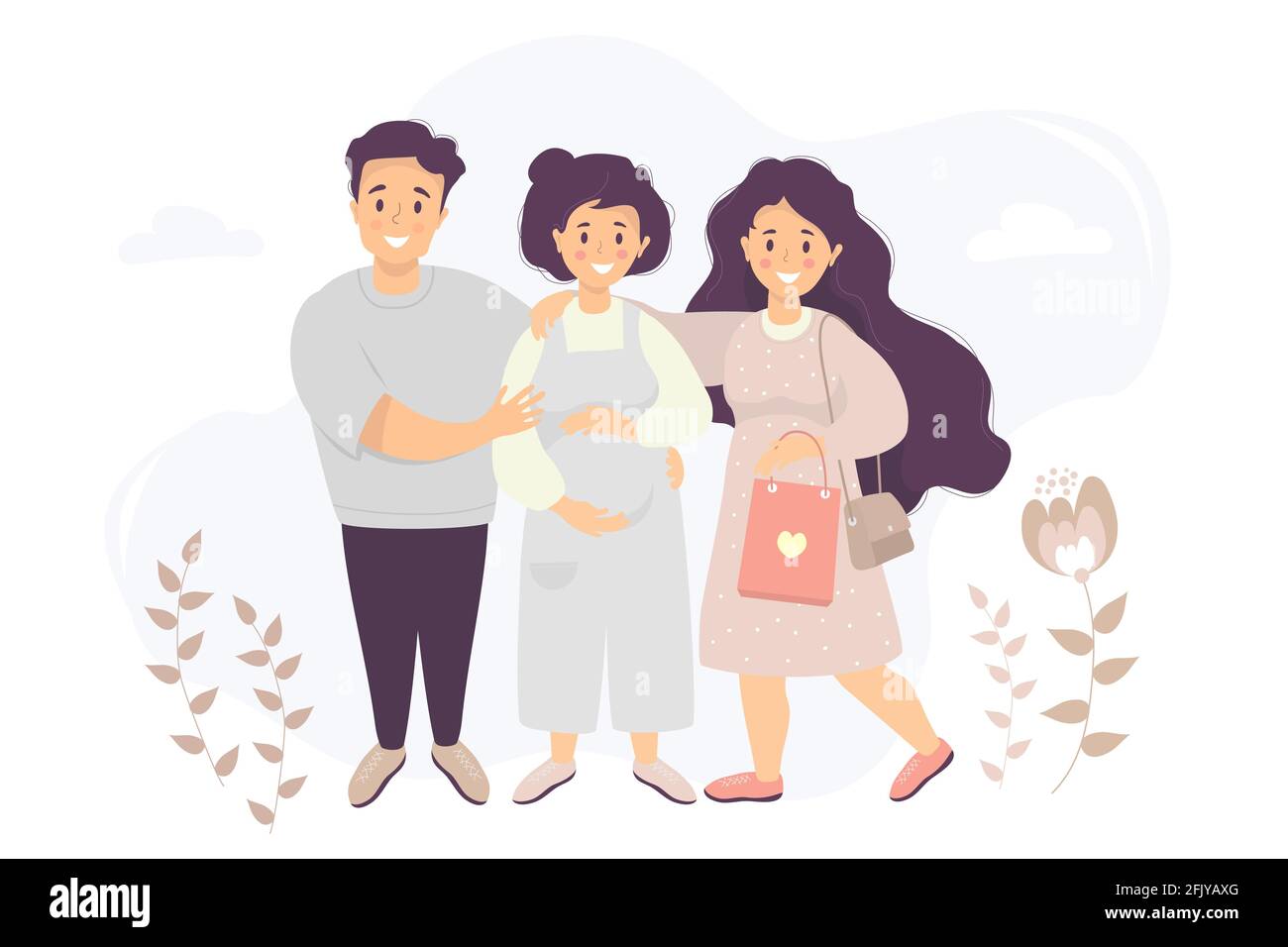 Happy family flat vector. A pregnant woman in overalls strokes her belly  with her hands. The husband stands and hugs her. Near a girl with a package  Stock Vector Image & Art -