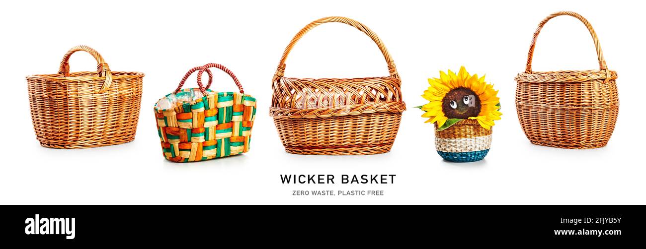 Empty wicker baskets creative collection and banner isolated on white background. Zero waste