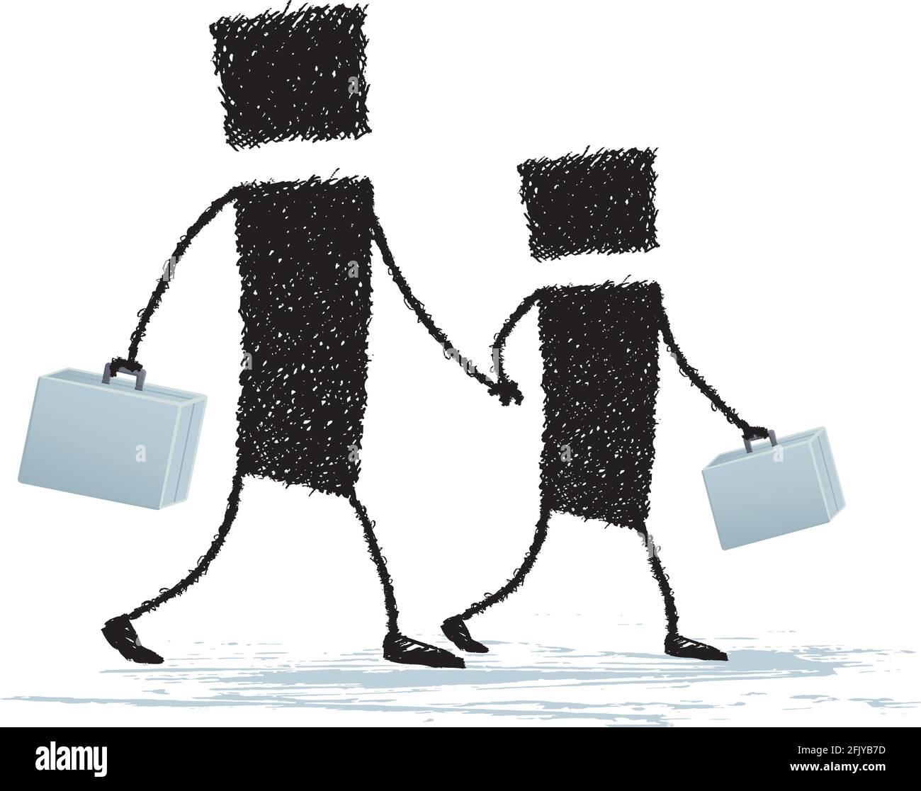 Father and son walk hand in hand. Each carries his briefcase. An illustration to show the reconciliation of work and family. Stock Vector