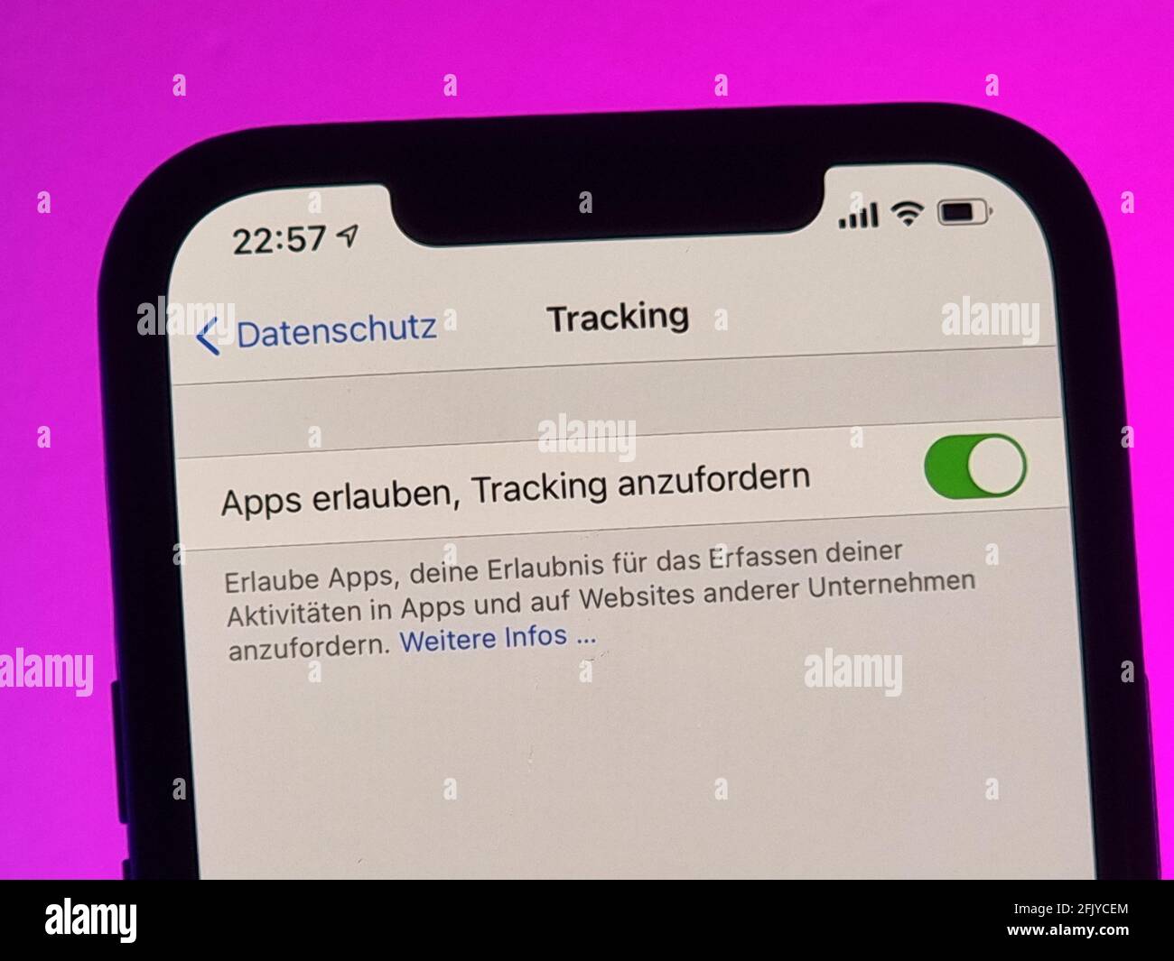 Berlin, Germany. 26th Apr, 2021. Privacy query on an iPhone 12 Pro Max. With the new iPhone operating system iOS 14.5, users can allow or prohibit cross-provider advertising tracking. Tracking can also be prevented with a software switch. Credit: Christoph Dernbach/dpa/Alamy Live News Stock Photo